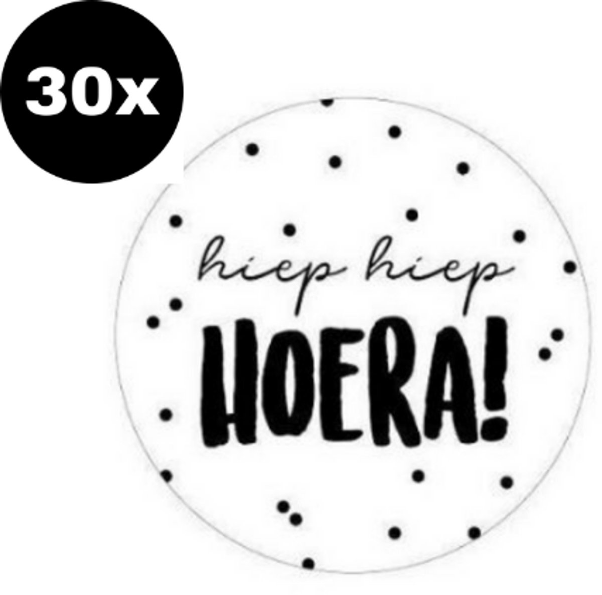 30x ZOETTT Hiep Hiep Hoera | Wit | Zwarte stippen | 40 mm | Traktatiesticker Hoera | Cadeausticker | Sluitzegel | Sluitsticker | Traktatie - Verjaardag - Feest | Kinder traktatie